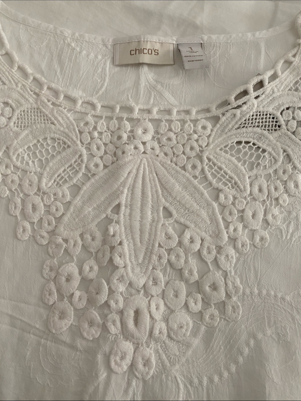 Chico's White Crochet Embroidered Yoke Blouse